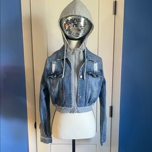 Trendy Blue Denim Jacket with Gray Hoodie